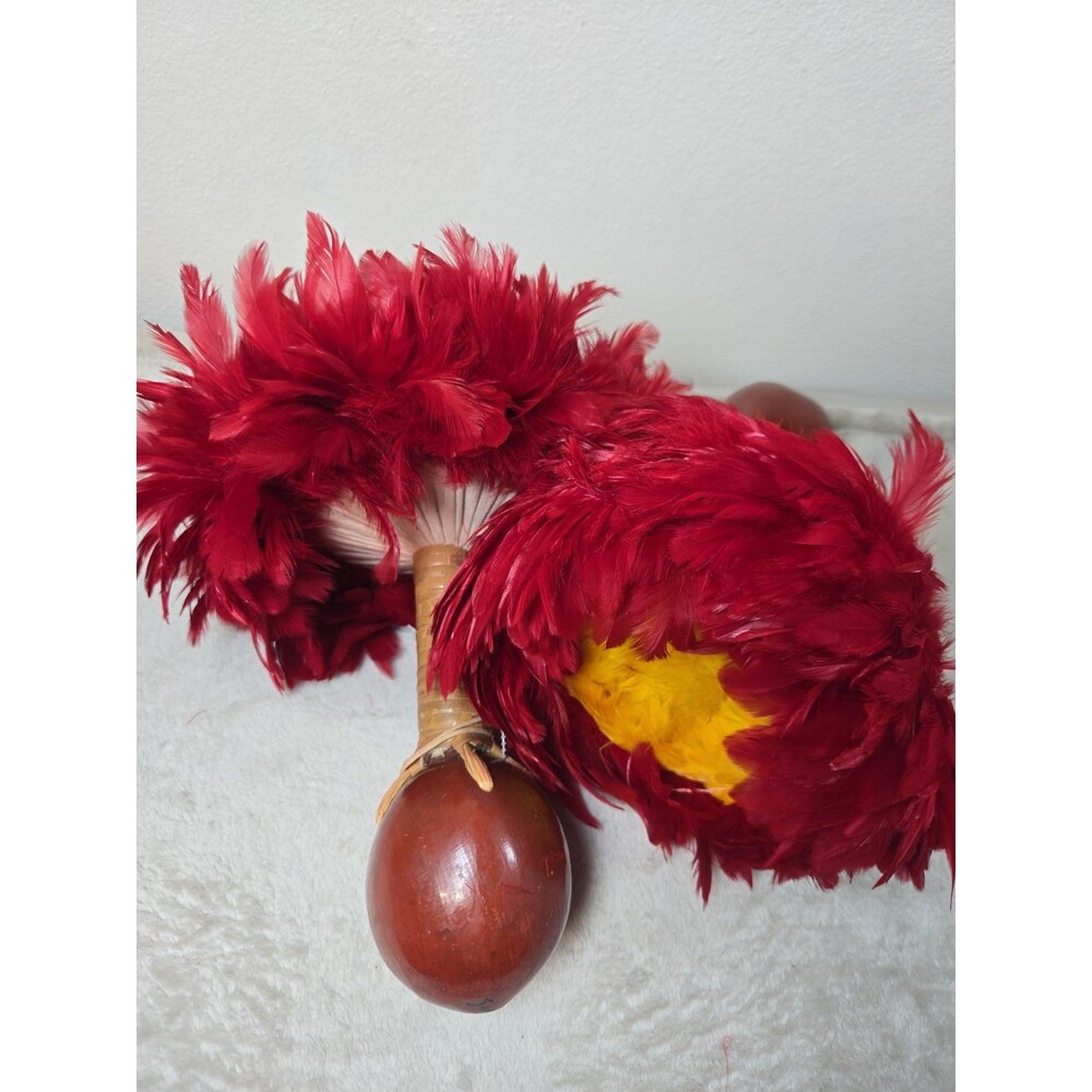 ulī'ulī Vintage HAWAIIAN FEATHERED GOURD RATTLE FOR HULA DANCING RED YELLOW